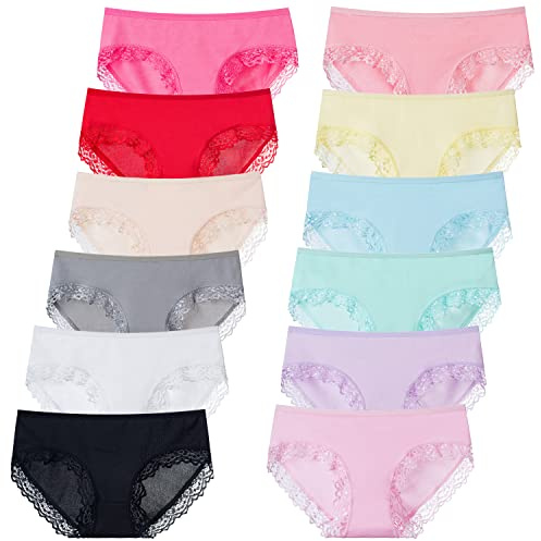 Sunvivid Teen Girls Knickers 12 Pack Lace Briefs Breathable Underwear Middle Waist Hipster Bikini Kids Soft Stretch Underpants for 8-18 Years
