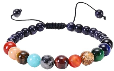 Männer Armband, Armkette Herren Bunt Bernstein Edelstahl Acht Planeten Achat Naturstein Verstellbar Perlenarmbänder Geschenke für Männer 19cmx8mm