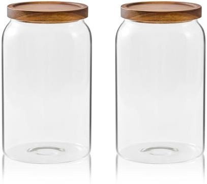 large glass jar (1 gallon with press lid（2 pack）)Sweejar Large Glass Candy Jars with Wooden Lids, 1 Gallon Glass Jar with Lid, Sugar/Flour Storage Containers, Big Glass Canisters with Airtight Lid, 2