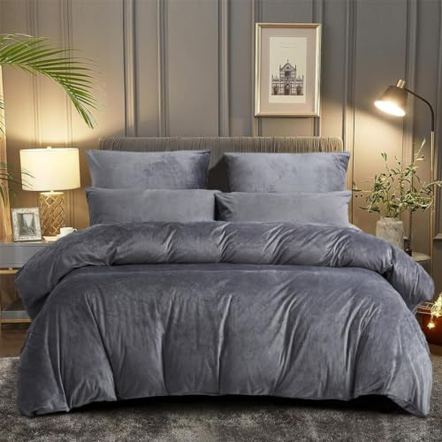 DXHOME Plüsch Bettwäsche Kuschelig 135x200cm Grau Einfarbig Winter Flauschig kuschelbettwäsche Flauschig Microfaser Wende Bettwäsche Bettbezug mit Reißverschluss + 1 Kissenbezug 80x80 cm