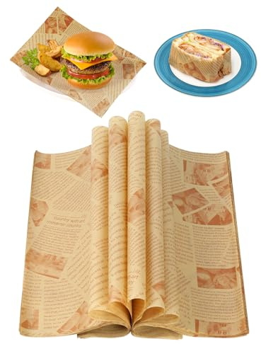 CoKeeSun 120 Blatt Deli Papierblätter, 32 * 22cm Backpapier Zeitungsoptik, Burger Papier, Einschlagpapier Fettdicht, Butterbrotpapier Wiederverwendbar, Wrap Papier für Sandwich, Pommes Frites
