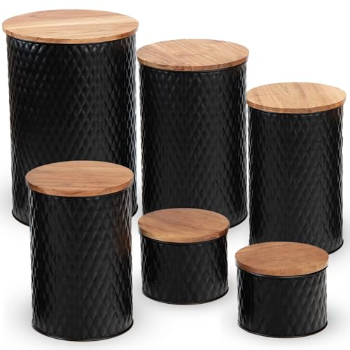 Alasitas 6 Canister Set for the Kitchen Countertop – Metal Food Storage Canisters with Airtight Lids for Flour, Tea, Crafts, Coffee, & Sugar – Container Set with Modern Wood Lids, Black