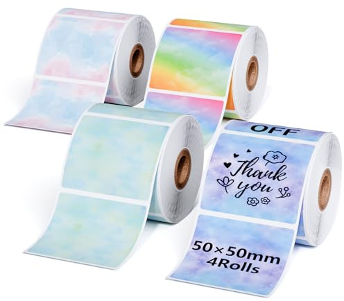 Phomemo 4 Rollen M110 Thermo Schillernde bunte Etiketten - Multifunktionale farbige quadratische selbstklebende Farbetiketten, 4 Rollen 1,57'' x 1,57'' (50x50mm) 150 Etiketten/Rolle
