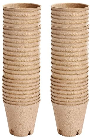 awakentti Macetas de turba para plántulas, tazas redondas naturales para plántulas, 50 unidades con agujeros de drenaje, macetas redondas para plantas de inicio, bandejas de turba para trasplante de