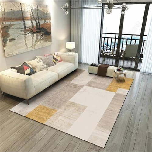 Kinderteppich waschbar,Leicht zu reinigender Rutschfester Teppich braun gelbes Design,Teppich Flur läufer Teppich vorraum,140x200cm