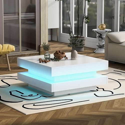 BTM Table Basse Blanche avec Eclairage LED Réglable, Table Basse Carrée Moderne, Table d'appoint pour Salon, Contrôle des Applications, Charge de 30kg, 70x70x36 cm, Blanc