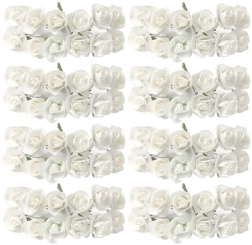 HugeDE 144 Pcs Mini White Paper Roses, Craft Wedding Decorations, Diameter 1.5cm-2cm, Straight Stem, Minimalist Style, Artificial Paper Flowers