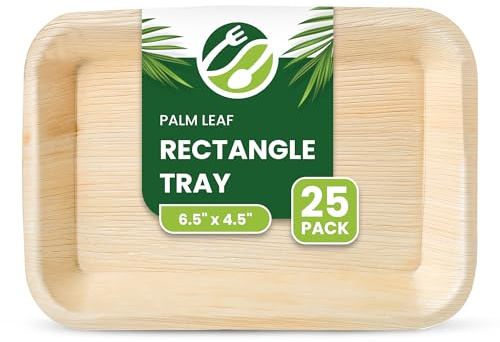 ECO Leaf 25 Disposable Palm Leaf Serving Platters, Small Rectangle 6.5 x 4.5 (16cm x 10cm), Trays for Cafes, Restaurants, Catering, Like Wooden Plates | Sturdy Eco-Friendly Hot Food Party Trays