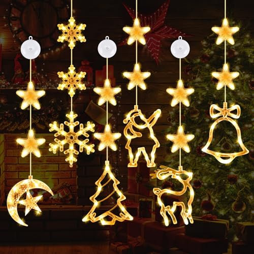 Herefun 6er Set Fensterdeko Hängend Fensterlicht, Weihnachtsdeko Fenster Beleuchtet, Weihnachtsbeleuchtung, LED Saugnapf Weihnachten Lichter, LED Vorhang Licht für Innen Außen Weihnachtsfeier(A)