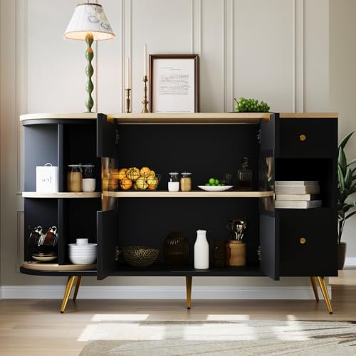 Zepneiy Buffet 130 x 40 x 80 cm avec Porte coulissante en Verre et éclairage LED, Buffet en Bois, Meuble sur Pied, Noir