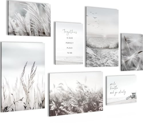 Novart Wandbilder Set Strand Meer Boho Schwarz Weiss - KEIN EXTRA RAHMEN BENÖTIGT - Modern Deko - Wohnzimmer Schlafzimmer Flur N033872b