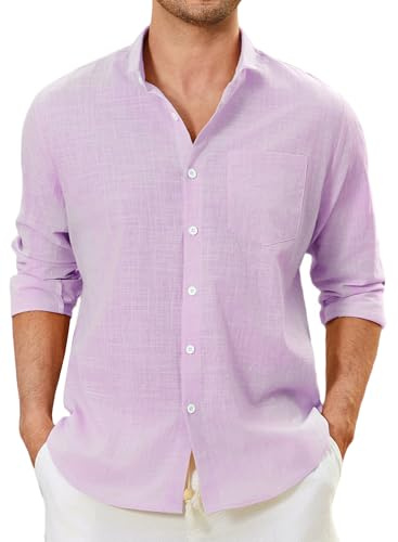 Enlision Violettes Leinenhemd Herren Hemd Langarm Lila Baumwolle Leichtes Freizeithemd Sommerhemd Regular Fit Locker Henley Shirt Hemden Sommer L