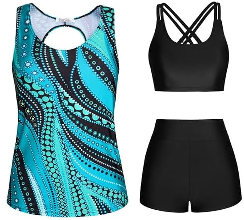 JASAMBAC Bikini push up dam, 3-delad tankini dam magkontroll och badshorts med hög midja, enkla badkläder, damsportbaddräkt, badmode för pool, strand, Blå och grön randig etnisk blomma, XXL