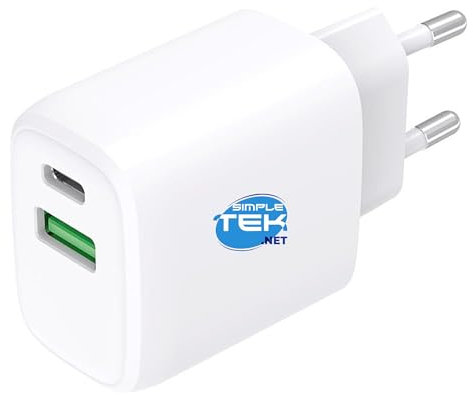 SIMPLETEK - Alimentatore 20W USB-C Type-C 5V 9V 12V, Tablet PC Notebook, USB-A 5V 3A, Quick Charge, Senza Cavi