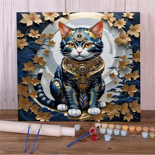 Hoonjiin Peinture par numéros pour Adultes DIY Chat feuillu Kits de Peinture au Numéro avec Pinceaux Peinture de Dessin de Pigment Acrylique sans Cadre pour la Décoration de la Maison - 40x40cm