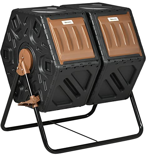 Outsunny Dual Chamber Garden Compost Bin, 130L Rotating Composter, Compost Maker with Ventilation Openings and Steel Legs, Dark Brown and Black