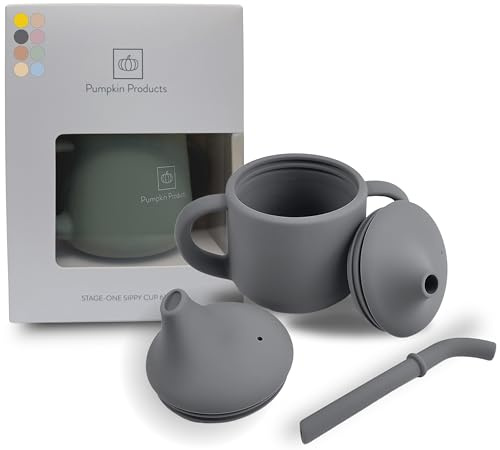 Pumpkin Products® Premium Stage One Sippy Cup, Silicone. Baby & Toddler. 3 Phase Beaker, Straw & Open-lid Cup, Two Handles 120ml / 4oz (Dark Grey)