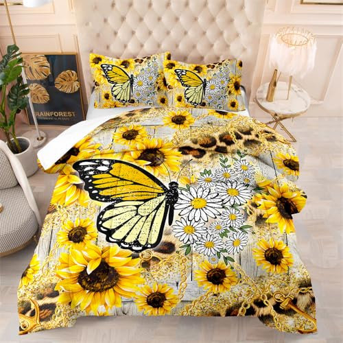 Bettdecke 200X200 Schmetterling Sonnenblume Bettdecken 200Gsm,Dünne Und Leichte Duvet,4 Jahreszeiten Bettdecken,Weiche Mikrofaser Bettdecke Mit 2 Kissenbezüge,Warm Steppbettdecke Für Allergiker