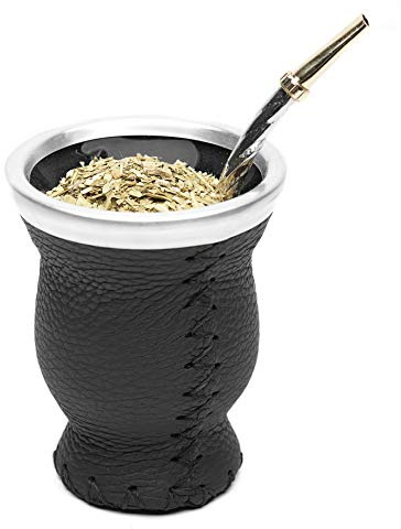 balibetov Yerba-Mate-Becher aus Glas – Leder Ummantelt mit Bombilla (Trinkhalm) – Schwarz (SCHWARZ)