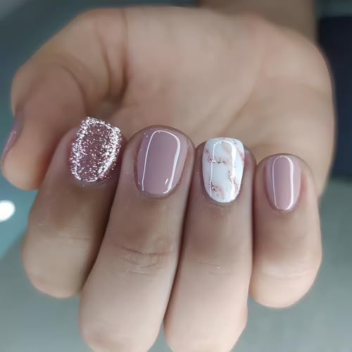 24Pcs Künstliche Fingernägel Kurz - Glitzer Press On Nails - Square Nails Zum Aufkleben - Nude Rosa Lila & White Falsche Nägel - Full Cover Kunstnägel für Frauen Mädchen