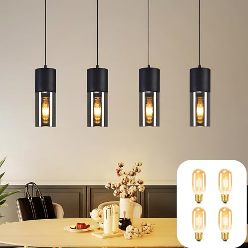 Lichtmaler Hängelampe Esstisch Pendelleuchte Schwarz E27 | Hängeleuchte 4 Flammig Esstischlampe Hängend Retro Glas für Esszimmer Küche Café Bar Geschäft, mit Leuchtmittel