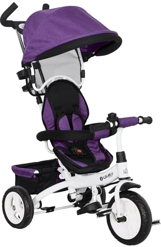 HOMCOM Dreirad 6-in-1 mit Schubstange für 1-5 Jahre Kinder bis 25kg, Kinderdreirad mit Vorwärts und Rückwärtsfahrt, Korb Getränkehalter Sonnendach, Violett