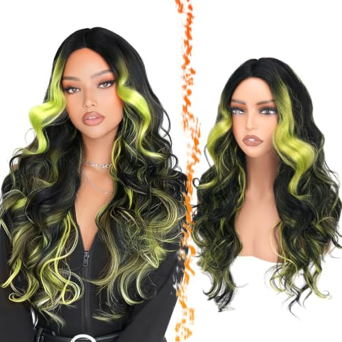 BARSDAR Pelucas Verde Negro Highlight Larga con Flequillo, Larga Onduladas Verde Negro Peluca para Mujer 71cm Aspecto Natural Grueso Sintético Cabello Pelucas Cosplay Halloween Fiestas | Aspecto natural, suave, sintético, negro degradado, reflejos verdes, voluminosa, ligera, fácil de llevar, para uso diario