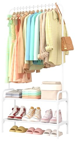 Sakugi Clothes Rail - Large Capacity Freestanding Clothes Rack with 2-Tier Shoe Organizer & Non-Slip Feet, Heavy-Duty Clothing Rail for Bedroom, Entrance, Laundry, 74 x 30 x 150cm, White