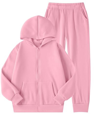 Tuta Bambina Ragazza Invernale 3-14 Anni 2 Pizze Felpa Pile con Zip Cappuccio e Pantaloni Sportiva Completo Ginnastica Bambino Ragazzo Caldo Casual Elegante per Case All'Aperto,Rosa Chiaro,14 anni