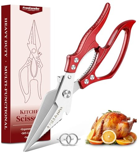 Freelander Geflügelschere Küchenschere Profi, Fleischschere Küchen Schere | Geflügelschere mit Rutschfestem Griff, Knochenschere für Geflügel, Fleisch, Fisch, Gemüse und Meeresfrüchte, Rot