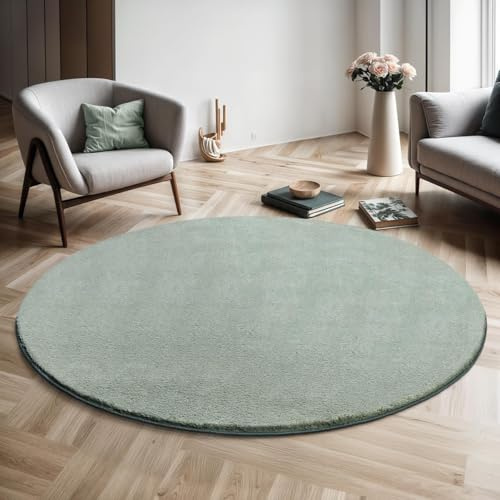 the carpet Relax Moderner Flauschiger Kurzflor Teppich, Anti-Rutsch Unterseite, Waschbar bis 30 Grad, Super Soft, Felloptik, Grün, 160 cm Rund