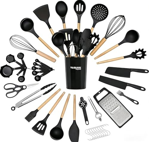 Aupawdy 44PCS Silicone Kitchen Utensils Set, Cooking Utensils with Wooden Handles Can Opener Potato Smasher Peeler Cookware Spoons Spatula Whisk Tongs Nonstick Cookware Tongs Set(Black, BPA-Free)