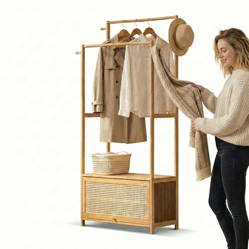 VAVVIP Heavy Duty Bamboo Clothes Rail with Rattan Storage Cabinet, Freestanding Garment Rack with 2-Tier Shoe Cupboard, Top Shelf & Side Hooks, Scandi Style Open Wardrobe for Bedroom, Hallway