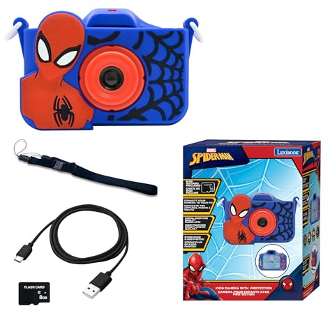 Lexibook, Spider-Man, Fotocamera 4-in-1 per Bambini con Protezione, Funzioni Foto, Video, MP3 e Giochi, 15 cornici per Personalizzare Le tue Foto, Scheda di Memoria da 8 GB Inclusa, DJ078SPLXB