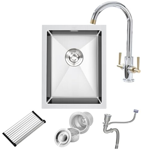 BoomHoze Fregadero Acero Inoxidable 35x45 Níquel Cepillado Encastre Superior | Juego de cuencos individuales para autocaravana, con colador, kit de desbordamiento, estante enrollable, sifón
