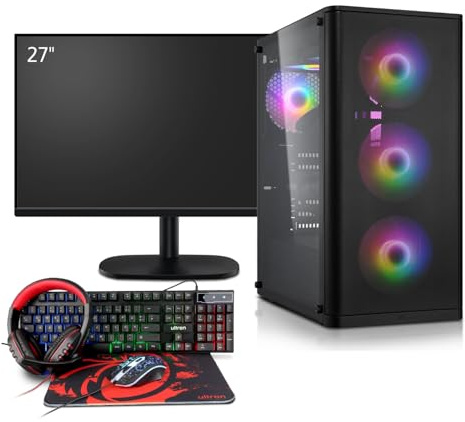Gaming Komplett PC Set AMD 5700X, NVIDIA RTX 5060 8GB, 32 GB DDR4 RAM, 1TB M.2 SSD, Windows 11 Pro, 27 Zoll 100 Hz Gamer Monitor, Headset, Tastatur, Maus, WLAN
