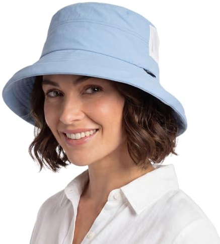 TOP-EX UVCoolix™ Cooling Solhatt för damer med hästsvans, sommar UPF 50 Bred krempe Fiskarhatt för UV-skydd, Vattentät regnhatt, Bucket hatt med hakrem, Vikbar, Utomhus Safari, Ljusblå, L-XL