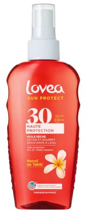 LOVEA - Huile Sèche FPS 30 Haute Protection UVA-UVB - Monoï de Tahiti - Visage & Corps - Satine et Nourrit - Résiste à l'Eau - Testé sous Contrôle Dermatologique - Vegan - Fabriqué en France - 150ml