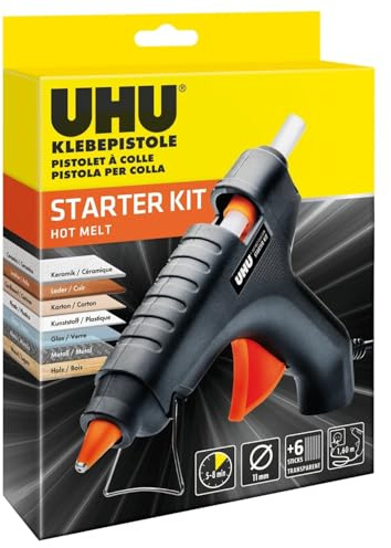 UHU Heißklebepistole Starter Kit – inkl. 6 transparente Klebesticks, 11 mm, schnell einsatzbereit in 5–8 Min., für Holz, Metall, Glas, Textilien & mehr