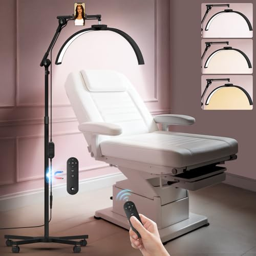 Diesisa Halbmond Stehlampe für Wimpern: Dimmbar Wimpern Lampe,Kosmetiklampe | 4-Rad-Rollenbasis, Handyhalter, 360° Drehbarer Lichtkopf,Höhenverstellbar Schminklicht für Wimpernverlängerung Tattoo-Schwarz