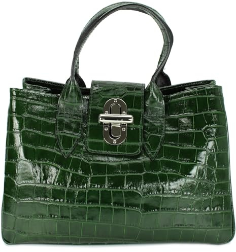 Belli Echt Leder Handtasche italienische Damen Ledertasche Umhängetasche Henkeltasche in grün lack kroko - 36x25x18 cm (B x H x T)
