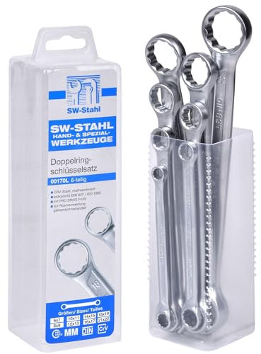 SW-Stahl 00170L Doppelringschlüssel-Satz 6-22 mm, 8-teilig I gerade Ausführung I Ringschraubenschlüssel I Doppel-Schraubenschlüssel Set I Ringschlüssel-Set