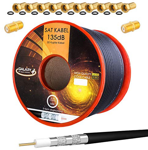 HB-DIGITAL SET 50m Koaxial SAT Kabel 135db Schwarz + 10x F-Stecker & 2x F-Verbinder vergoldet | CU Kupfer Satellit Antennenkabel 5-Fach geschirmt für DVB-S/S2 -C/C2 -T/T2 DAB+ Radio BK Anlagen