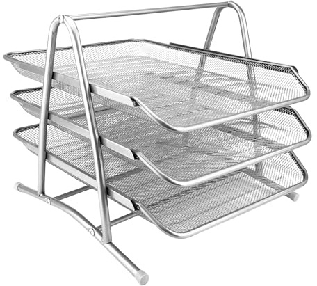 D.RECT 110486 Metall Ablagefächer Stapelbar - Büro Organizer Schreibtisch - Ablage Schreibtisch - 3 Schubfächer Briefablage Dokumentenablage A4 Organizer Mesh - Papierablage Silber Aktenablage