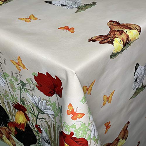 KEVKUS Wachstuch Tischdecke C146261 Bauernhof Hahn Hühner Ostern beige eckig rund oval (Rand: Schnittkante (ohne Einfassung), 140 x 260 cm eckig)