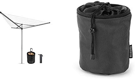 Brabantia Essential Rotary Washing Line and Concrete Anchor Tube, 30 m - Silver & 105760 Premium Peg Bag with Hanging Clip - Black