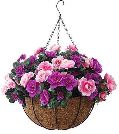 Home Accessories Pink Purple Rhododendron DIY Artificial Flowers Azalea Fake Silk Flowers Cute Chain Hanging Basket Flower Pot Indoors And Outdoors (Big Basket)