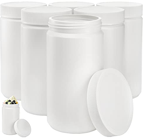 DEAYOU 6 Pack 33 Oz Plastic Mason Jars, 1 Quart Ice Cream Containers with Screw Top Lid, Plastic Freezer Jar Reusable Storage Food Canister for Yogurt, Soup, Hot or Cold Food, Salad, Butter (White)