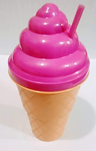 JUS JF-Jumbo Ice Cream Cone Shaped Plastic Cup,48 oz.Pink & White w/Straw