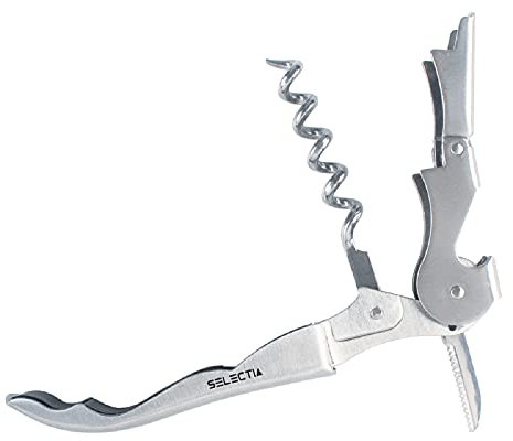 Tradineur - Sacacorchos de acero inoxidable de 2 tiempos con cuchilla cortacápsulas, 12 cm, abrebotellas, decapsulador para botellas de vino, champán, cocina, bar, hostelería